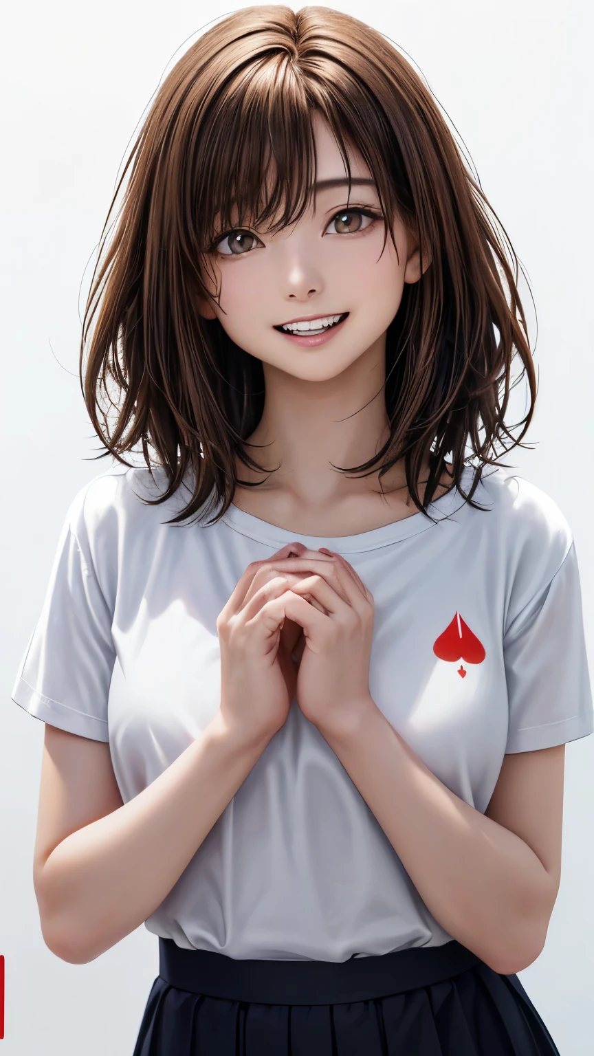 (highest quality、8k、32K、masterpiece)、(realistic)、(Photoreal:1.2)、(High resolution)、Super detailed、very beautiful face and eyes、1 girl、round and small face、thin waist、delicate body、(close、highest quality、high detail、rich skin details)、(highest quality、8k、oil paint:1.2)、Super detailed、(realistic、realistic:1.37)、bright colors、(((flaxen hair)))、(((bust shot)))、(((medium hair)))、(((vermilion hair)))、(((pure white wall background)))、(((pure white wall background)))、(((She has a happy expression)))、(((I have light brown hair)))、(((wearing a gray T-shirt)))、(((This is a T-shirt with a playing card drawn on the chest..)))、(((look straight ahead)))、(((私 have brown hair)))、(((the skirt is short)))、(((teeth visible)))、(((Hands are above the head)))、(((I have brown hair)))