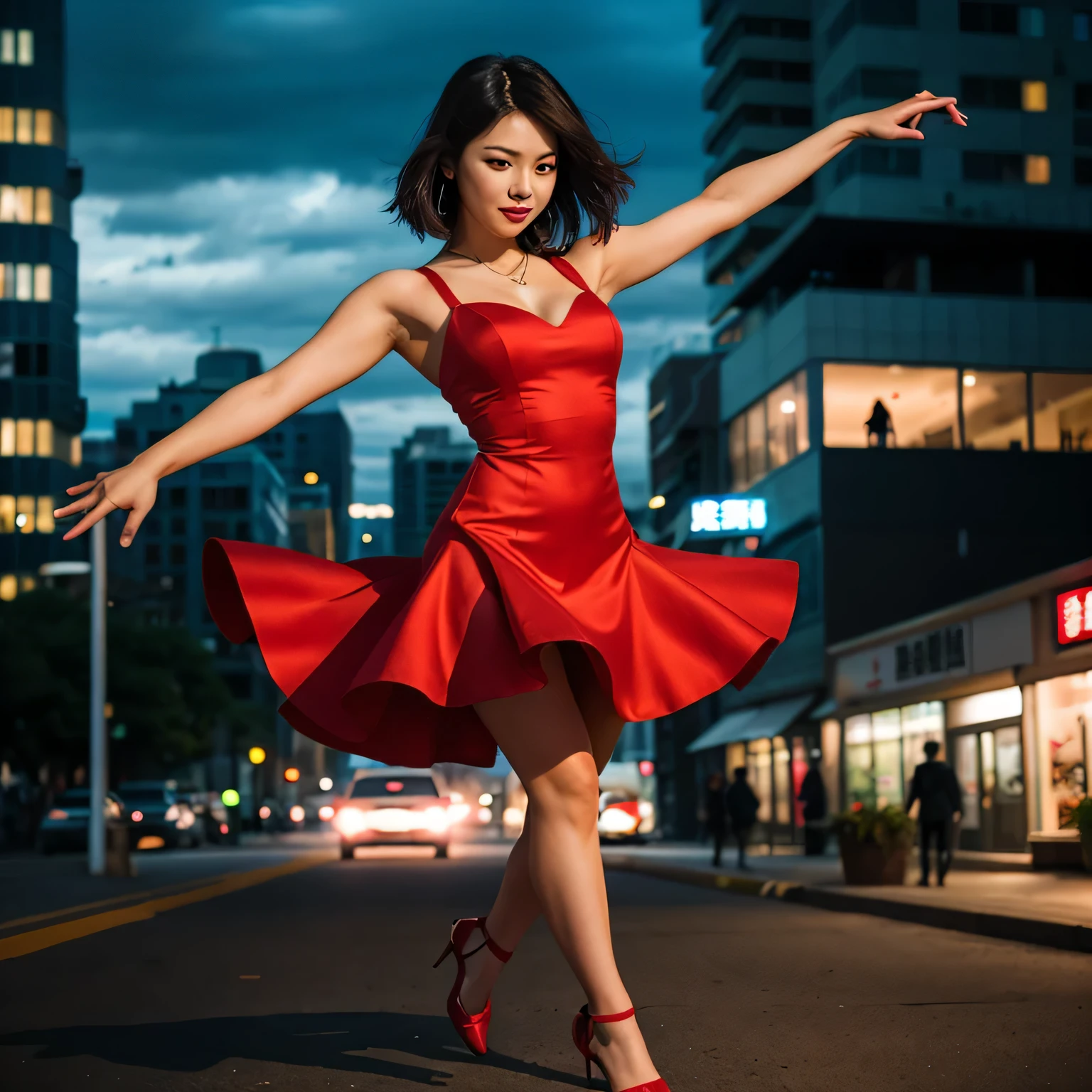 photography，Portrait photography，A woman in a red dress dances in the air, city background，night，Light， Rob Ray, raymond swanland style,  she is dancing. current, art jem style， style, charlie bowwater character art, style art，HD，Super detailed，Photorealism，The winning work is photography