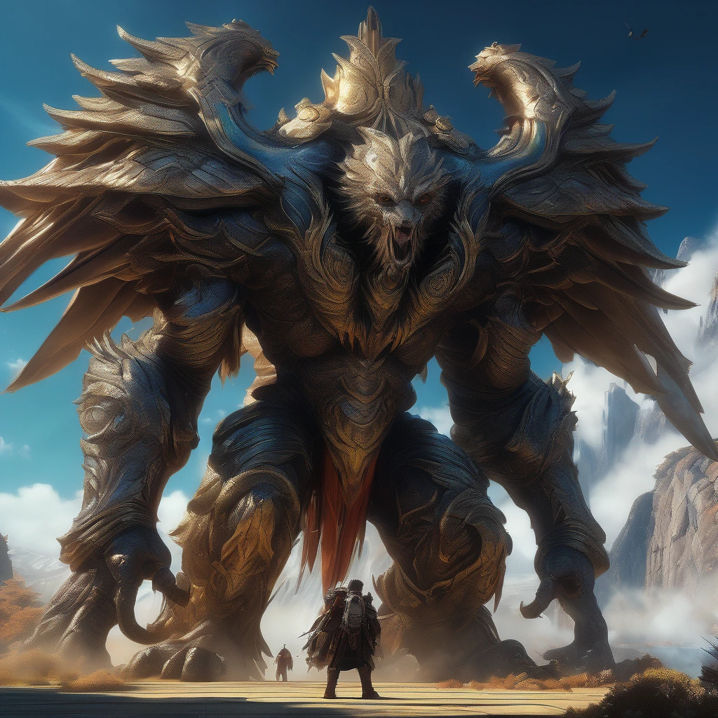 Criatura gigante, estética, extremamente detalhado, Giant criatura, mago, anjo, detalhado, uma obra-prima de pintura digital de Greg Rutkowski e James Gurney, tendências no artstation, fundição de tubo, Anjos estão voando,  criatura, livro de arte de ilustrações monster hunter, Gigante, Moebius, Greg Rutkowski, Zabrocki, Karlkka, jayison devadas, Phuoc Quan, tendências no artstation, 8K, ultra grande angular, vista zênite, lente almofada de alfinetes