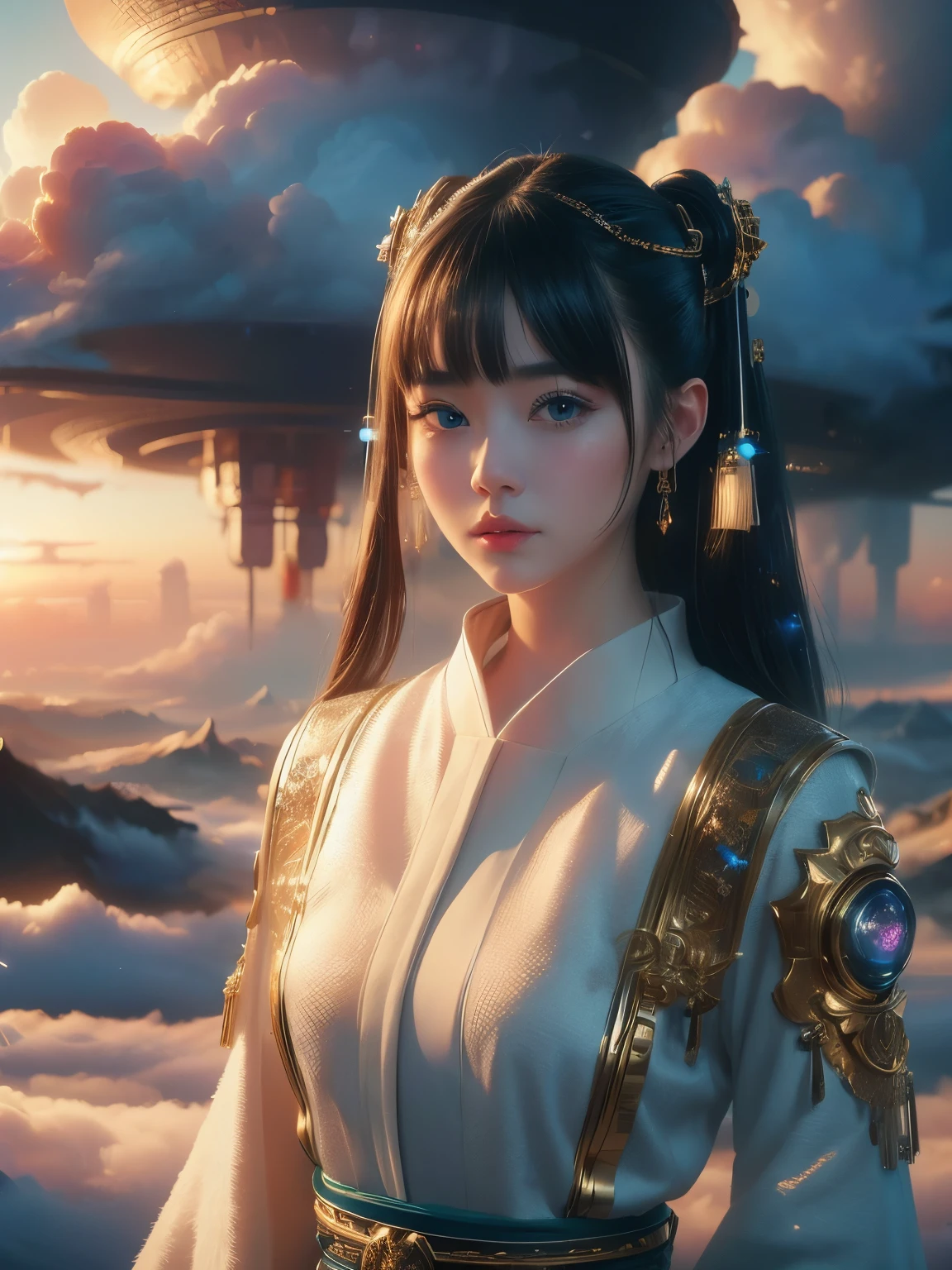 (high quality), (masterpiece), (detailed), 8K, Hyper-realistic portrayal of a futuristic (1girl1.2), Japanese character. Meticulous details bring the character to life in this visually stunning composition, showcasing the seamless blend of tradition and innovation. Trending on Artstation.