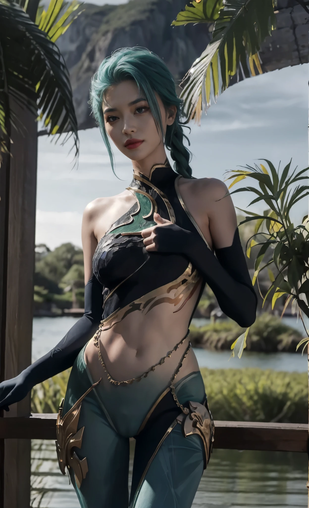 (The tall girl puts her hand in front of her and points to the side), combat pose, BREAK, (Dark background, Bamboo forest), (Slender_thights:1.3), ((big breastes)), Slender_thights, aqua hair, 1girl, solo, (Miniature body:1.4), generous cleavage, Posing, detailed anatomy, the perfect body, Detailed body, detailized face, Beautiful anatomical eyes. BREAK Kaisa Dragon Lagoon,  The BREAK is very detailed, Intricately detailed art, Artstation's Detailed Triadic Color Trend in Unreal Engine 5, 8K resolution, deviantart masterpiece.