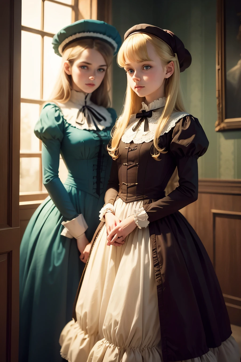 (Virginia Otis, 15 years old (blond hair, blue eyes)) pose with (16 years old Georgie Gerald (blond hair, green eyes)). Victorian style. thin, cute face, walks at night in Canterville Castle (inspired by the novel The Canterville Ghost). aged 1887, Victorian dark fantasy