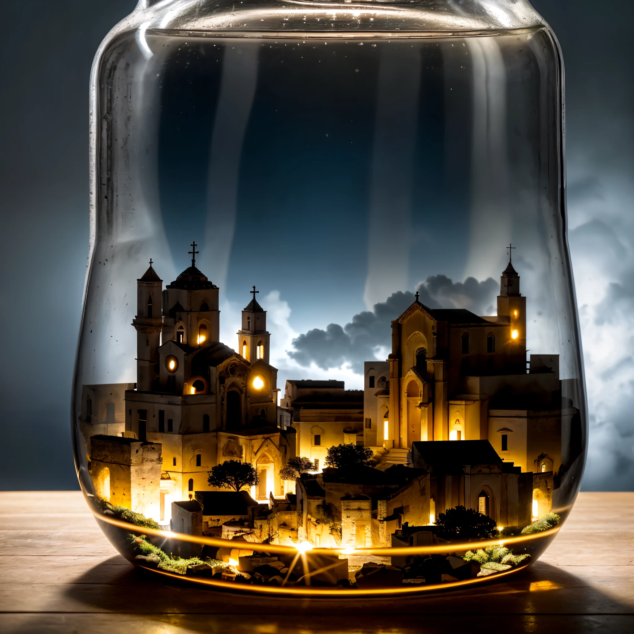 (An intricate minitown Matera landscape trapped in a jar with cap), atmospheric greenish lighting, on a white desk, 4k UHD, light vibes, hyper detailed, vibrant colours clear sky background, epic composition, octane render, sharp focus, high resolution isometric, closeup view. Perfect Matera's Cathedral, sassi_di_matera