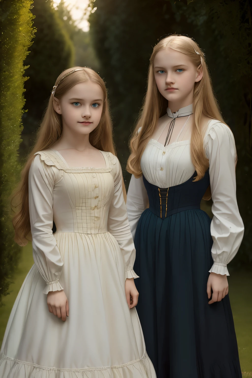 
two girls, (Virginia Otis, 15 years old (blond hair, blue eyes)) pose with (16 years old Georgie Gerald (blond hair, green eyes)). Victorian style. thin, cute face, walks at night in Canterville Castle (inspired by the novel The Canterville Ghost). aged 1887, Victorian dark fantasy