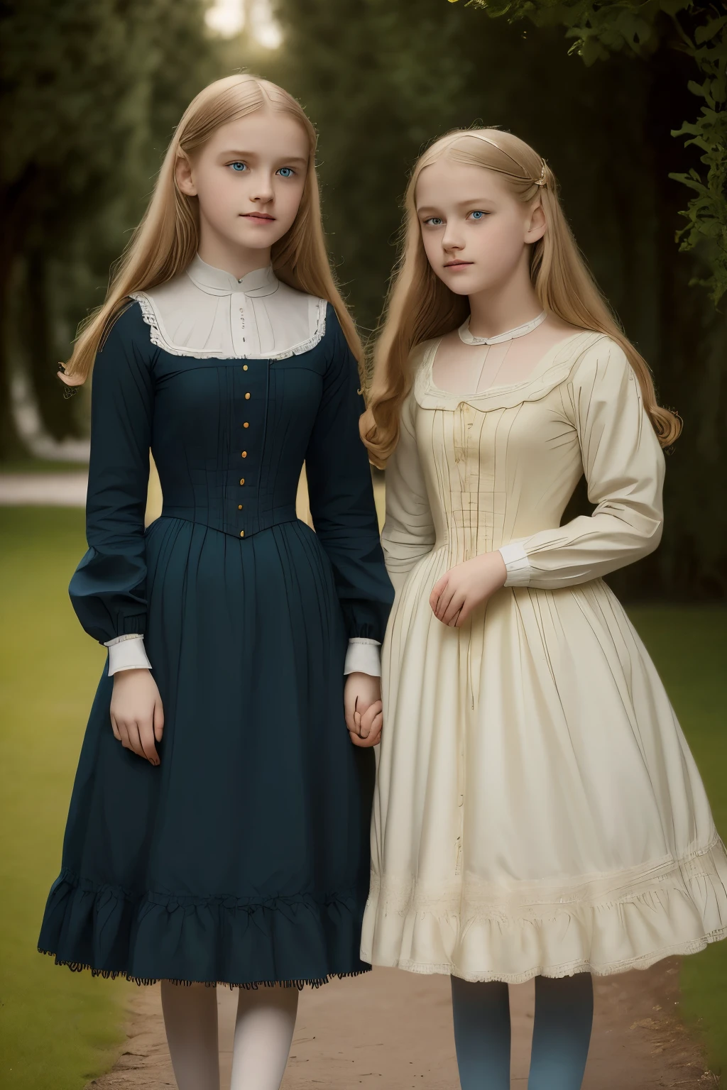 
zwei Mädchen, (Virginia Otis,  (blondes Haar, blaue Augen)) Pose mit ( Georgie Gerald (blondes Haar, grüne Augen)). Viktorianischer Stil. dünn, niedliches Gesicht, Spaziergänge bei Nacht in Canterville Castle (inspiriert durch den Roman Das Gespenst von Canterville). im Alter von 1887, Viktorianische düstere Fantasy