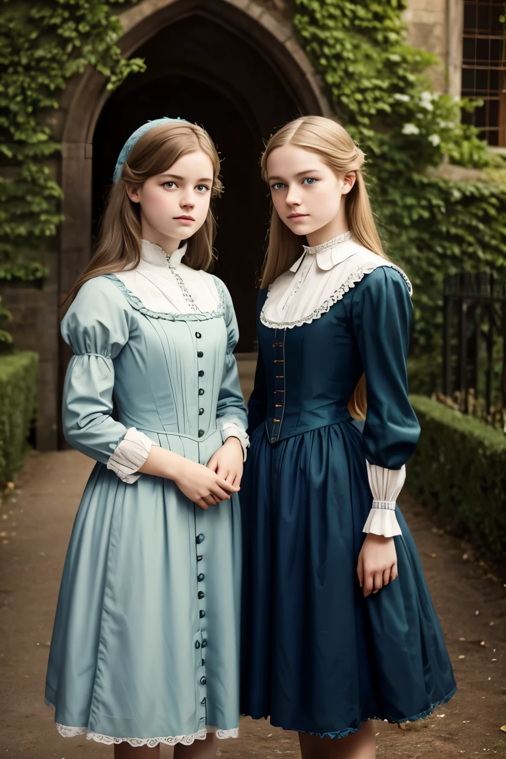 
两个女孩, (弗吉尼亚·奥蒂斯, 15岁 (金发, 蓝眼睛)) 与...合影 (16 岁的乔治·杰拉德 (金发, 绿眼睛)). 维多利亚风格. 薄的, 可爱的脸孔, 坎特维尔城堡夜间散步 (灵感来自小说《坎特维尔幽灵》). 1887年, 维多利亚黑暗幻想