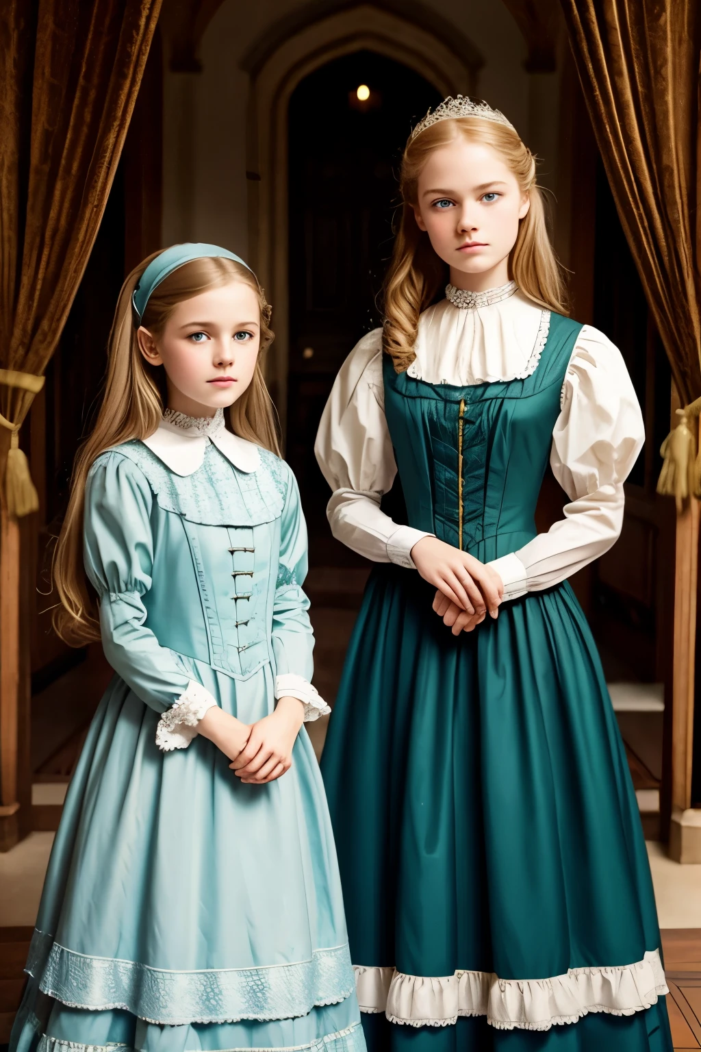 
two girls, (Virginia Otis, 15 years old (blond hair, blue eyes)) pose with (16 years old Georgie Gerald (blond hair, green eyes)). Victorian style. thin, cute face, walks at night in Canterville Castle (inspired by the novel The Canterville Ghost). aged 1887, Victorian dark fantasy