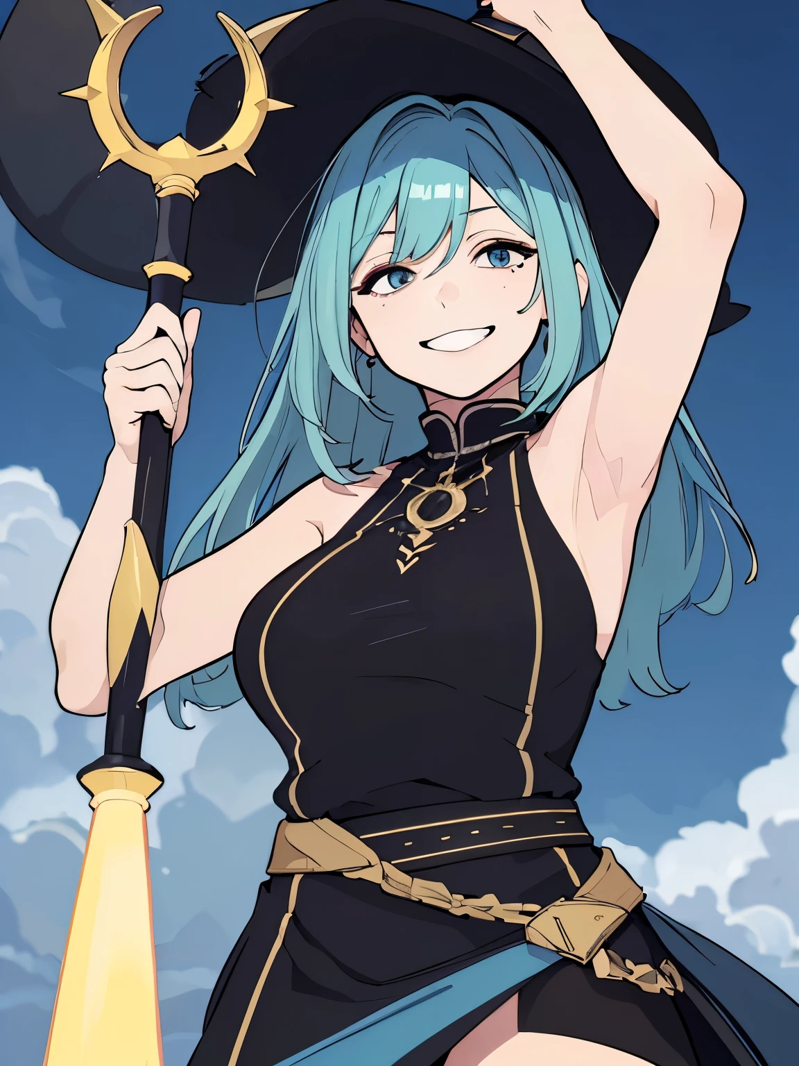 masterpiece, best quality, highres, side view 1girl, short light blue hair, witch, long skirt, black mantle, looking at viewer, ubel, staff, curvy, armpit, smile, mole on face, mole on armpit