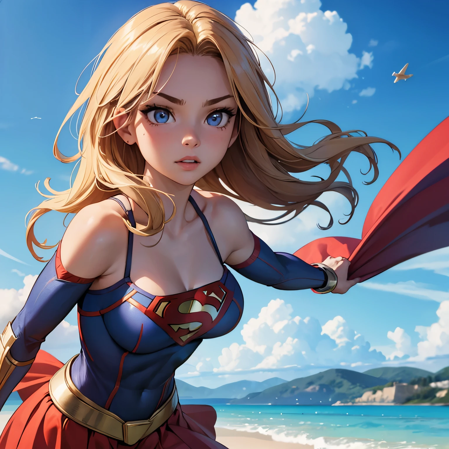 best quality, ultra-detailed, masterpiece, fine details, high res, 8k wallpaper, best quality, highres, cowboy shot, supergirl, spaghetti strap top, dynamic action, flying, doing superhero stuff, superhero, beautiful girl, woman, solo, fly, sky, cloudy sky, (cute:1.3), realistic, (cute), (detailed face), detailed eyes, detailed iris, detailed skin, masterpiece, professional photoshoot, perfect face, spaghetti strap top