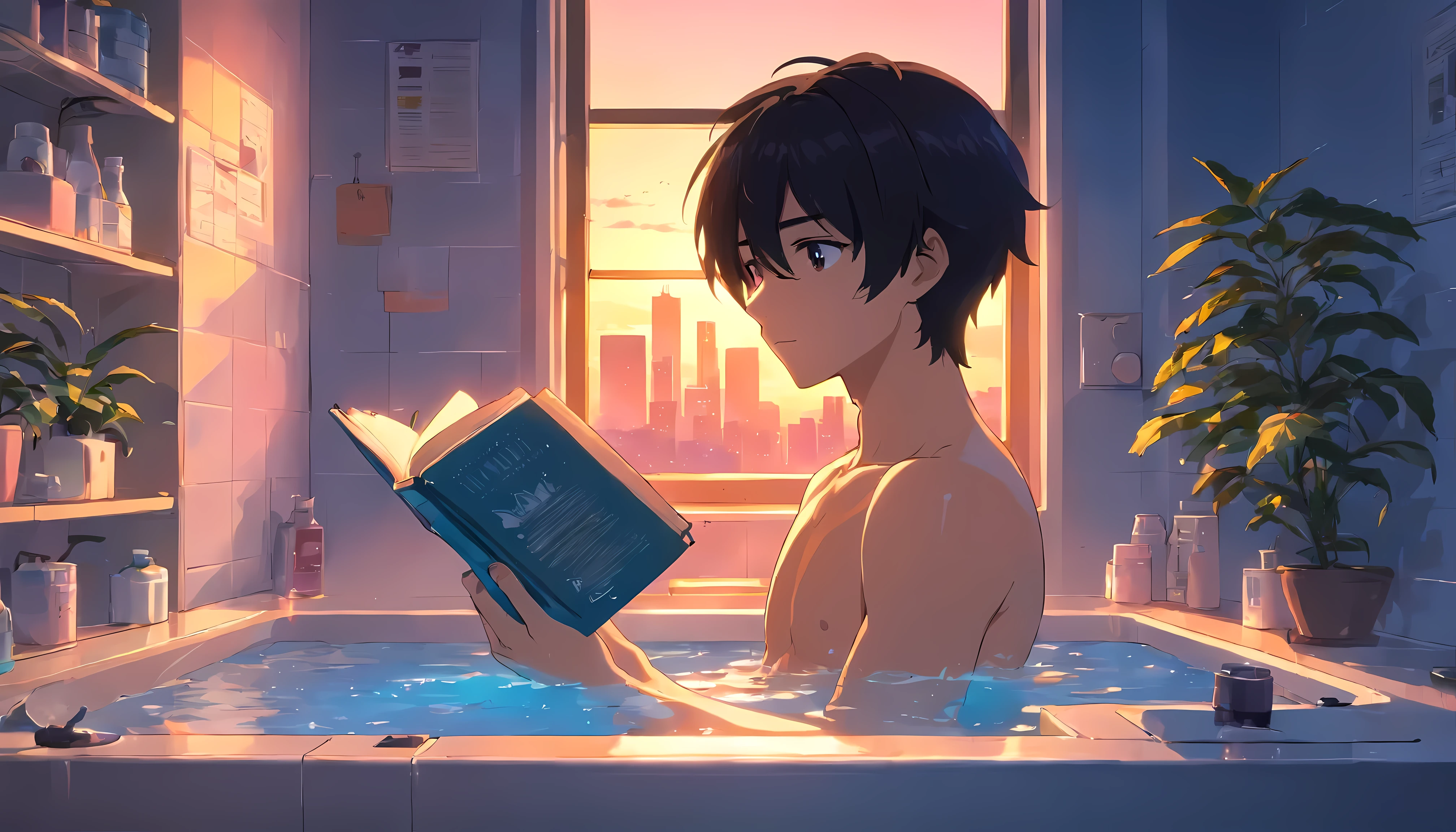 Anime boy reading a book in a bathtub with a city view - SeaArt AI