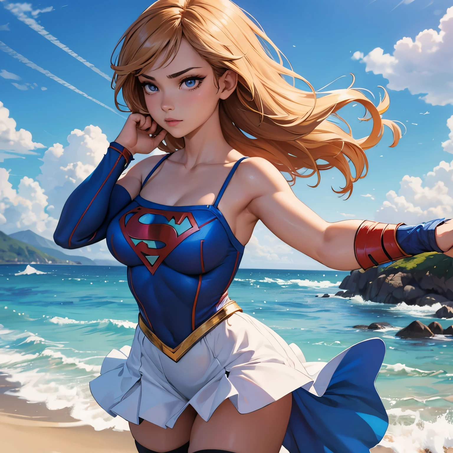best quality, ultra-detailed, masterpiece, fine details, high res, 8k wallpaper, best quality, highres, cowboy shot, supergirl, spaghetti strap top, dynamic action, flying, doing superhero stuff, superhero, beautiful girl, woman, solo, fly, sky, cloudy sky, (cute:1.3), realistic, (cute), (detailed face), detailed eyes, detailed iris, detailed skin, masterpiece, professional photoshoot, perfect face, spaghetti strap top