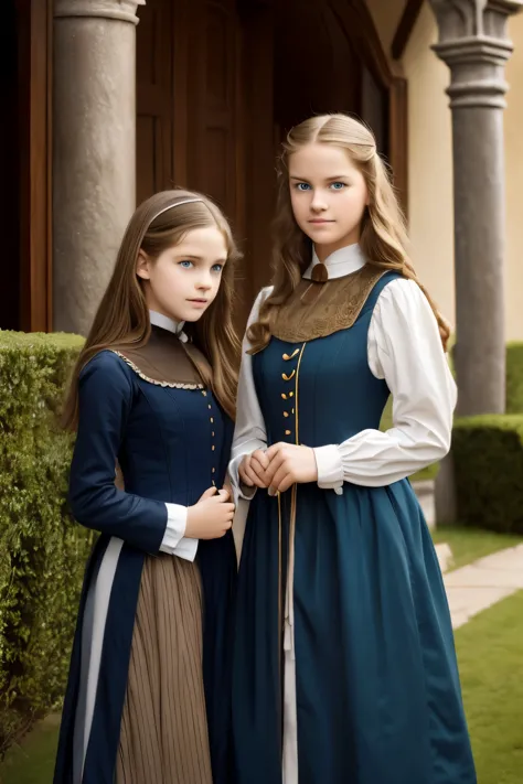 two girls, (Virginia Otis, 15 years old (blond hair, blue eyes)) pose with (16 years old Georgie Gerald (blond hair, green eyes)...