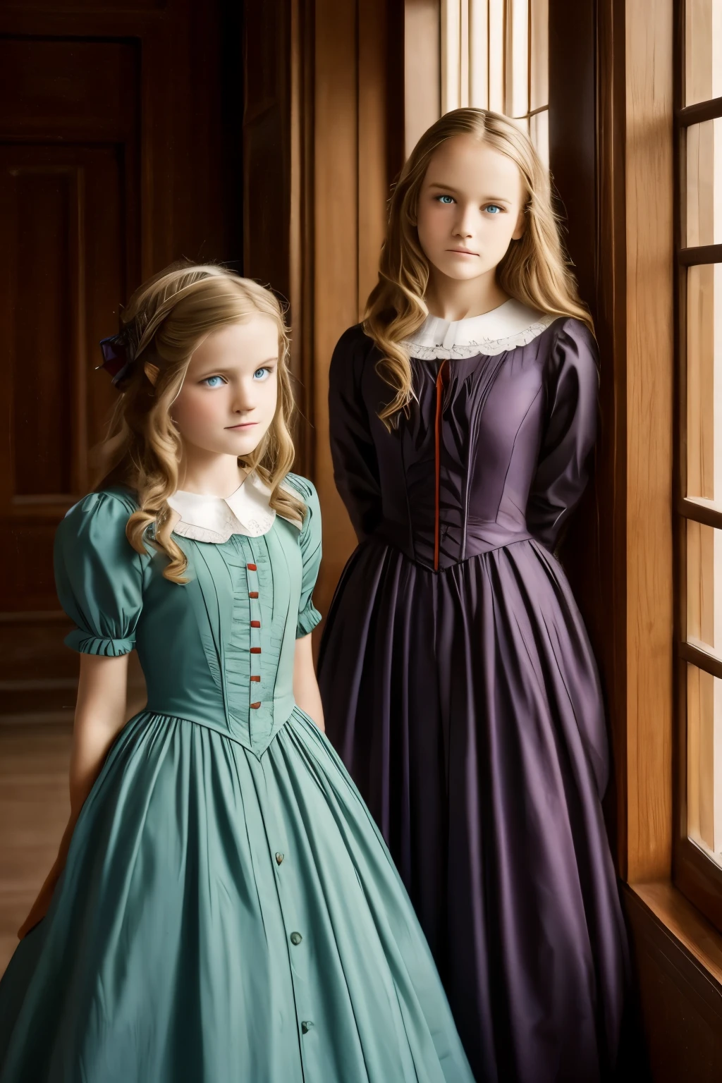 two girls, (Virginia Otis, 15 years old (blond hair, blue eyes)) pose with (16 years old Georgie Gerald (blond hair, green eyes)). Victorian style. thin, cute face, walks at night in Canterville Castle (inspired by the novel The Canterville Ghost). aged 1887, Victorian dark fantasy