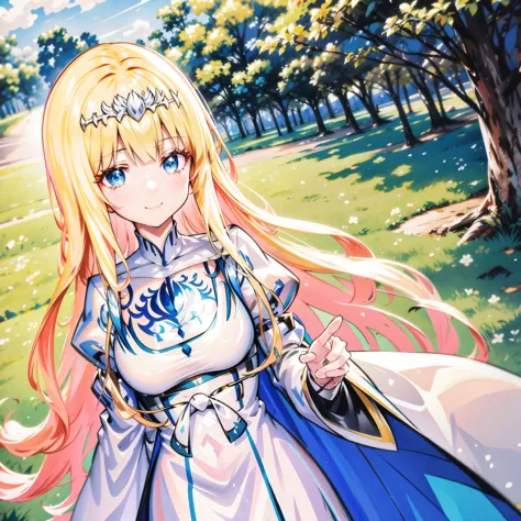 Creat a girl with flowing variant hair and striking sharp eyes, and had a warm smile on her face under tree, 1girl, Calca, blonde hair, extremely long hair, white tiara, white dress, blue eyes, medium breasts