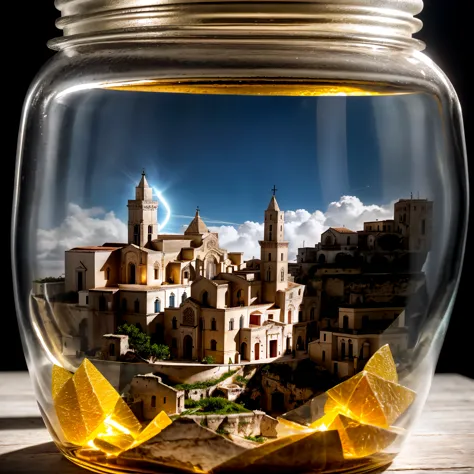 (An intricate minitown Matera landscape trapped in a jar with cap), atmospheric greenish lighting, on a white desk, 4k UHD, ligh...