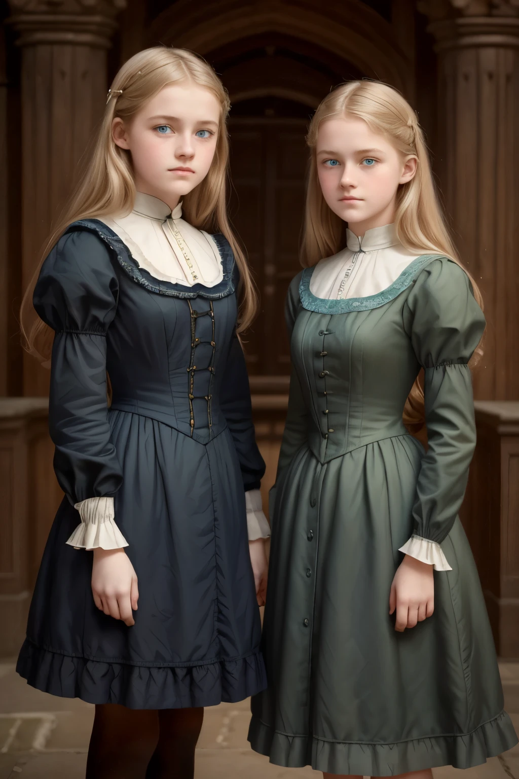 
兩個女孩, (弗吉尼亚·奥蒂斯, 15歲 (金髮, 藍眼睛)) 與 合照 (16 歲 喬吉·傑拉德 (金髮, 綠眼睛)). 維多利亞風格. 薄的, 可愛的臉孔, 晚上在坎特維爾城堡散步 (靈感來自小說《坎特維爾幽靈》). 1887年, 维多利亚时代的黑暗幻想