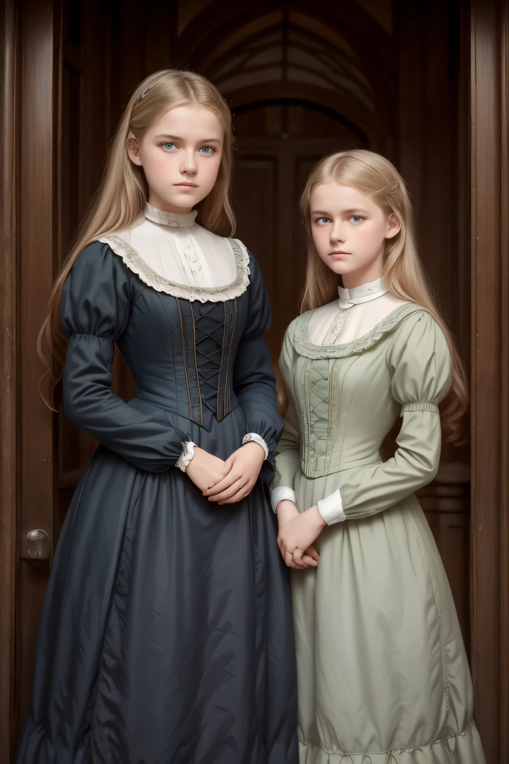 
two girls, (Virginia Otis, 15 years old (blond hair, blue eyes)) pose with (16 years old Georgie Gerald (blond hair, green eyes)). Victorian style. thin, cute face, walks at night in Canterville Castle (inspired by the novel The Canterville Ghost). aged 1887, Victorian dark fantasy