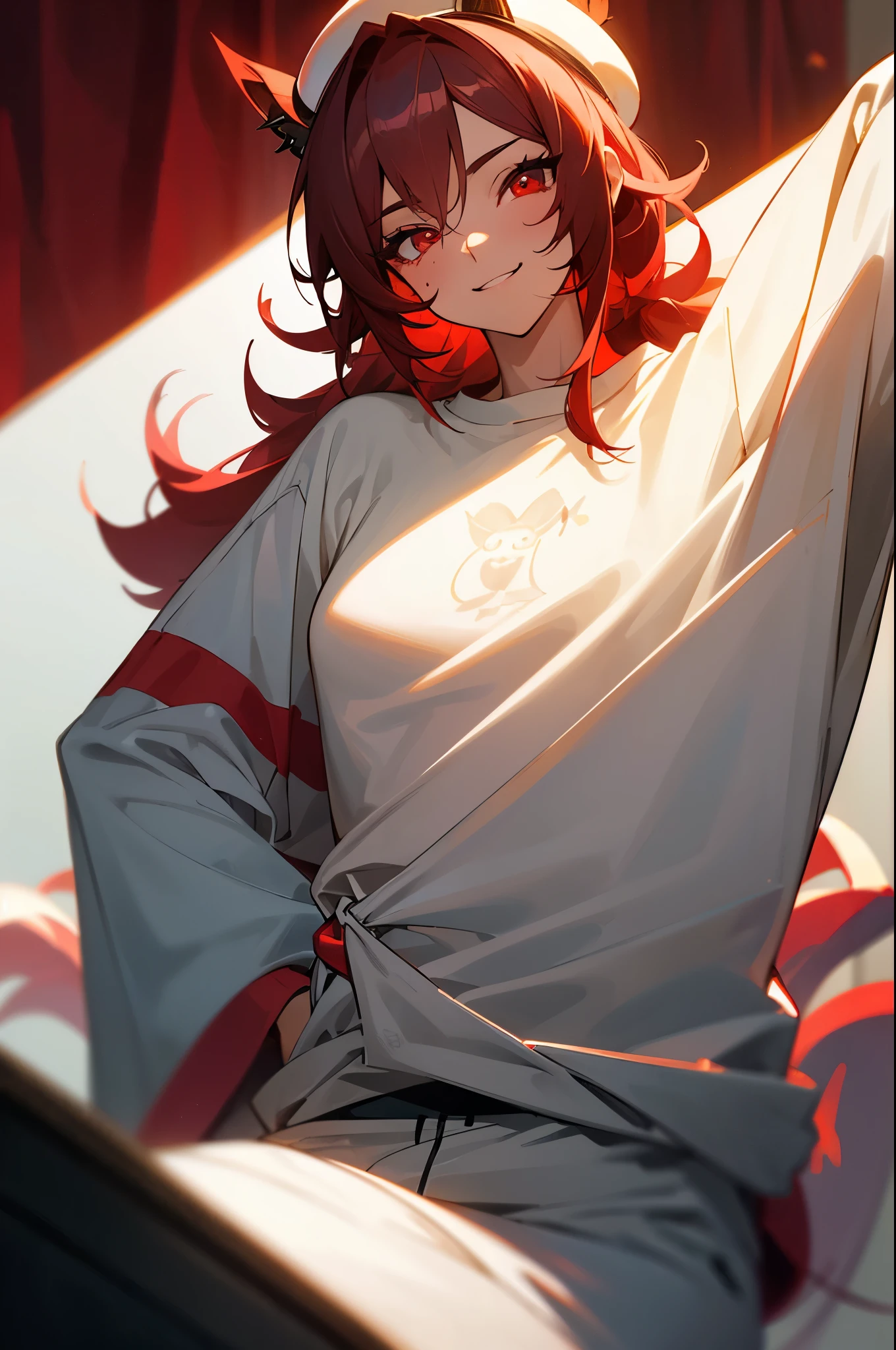 Anime girl with red hair and white shirt sitting on a bed - SeaArt AI