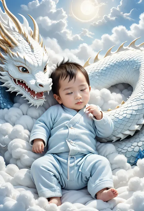 A one-year-old Chinese baby boy,charming, round face,Sleeping on the white dragon bed, Zhu Lian&#39;s realistic paintings, Shutt...