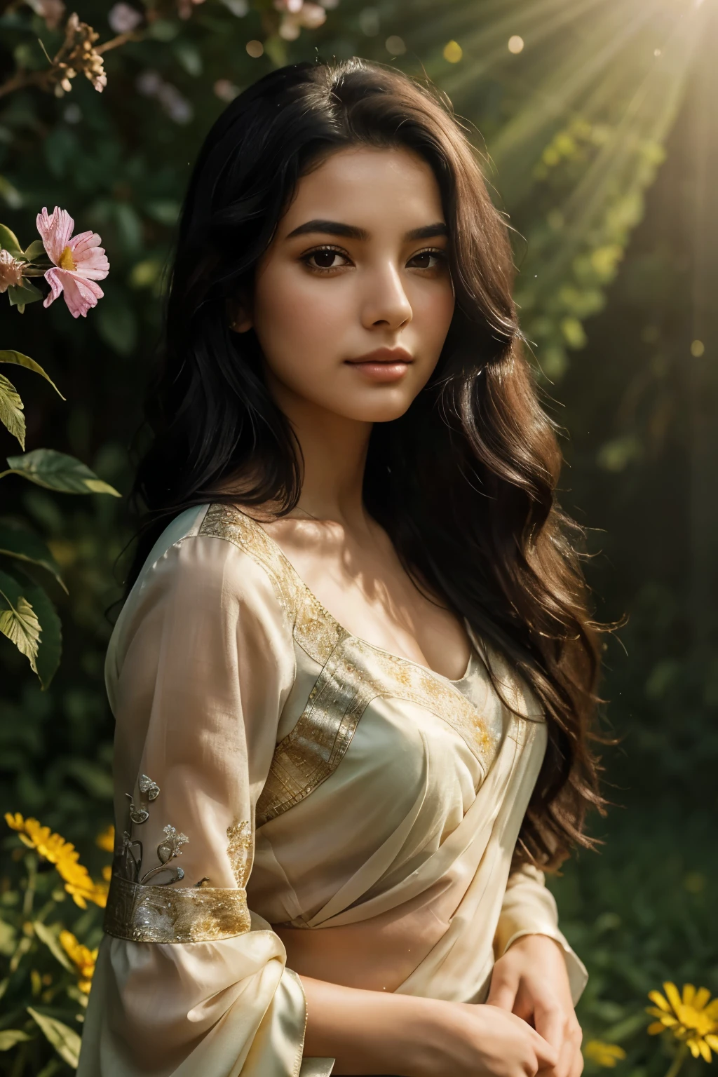 A close-up shot photo captures the exquisite beauty of a 21-year-old woman with long, wavy black hair cascading down her shoulders, enhancing her allure. The woman stands confidently in a lush field adorned in a stunning Saree and matching blouse with puff sleeves, the fabric shimmering in the sunlight. Amidst a sea of vibrant wildflowers, she kneels gracefully, her expression one of serene beauty. Her fingers delicately trace the petals of a blooming flower, capturing the intricacies of the flower's details. With rembrandt lighting casting dramatic shadows on her face, the photo is