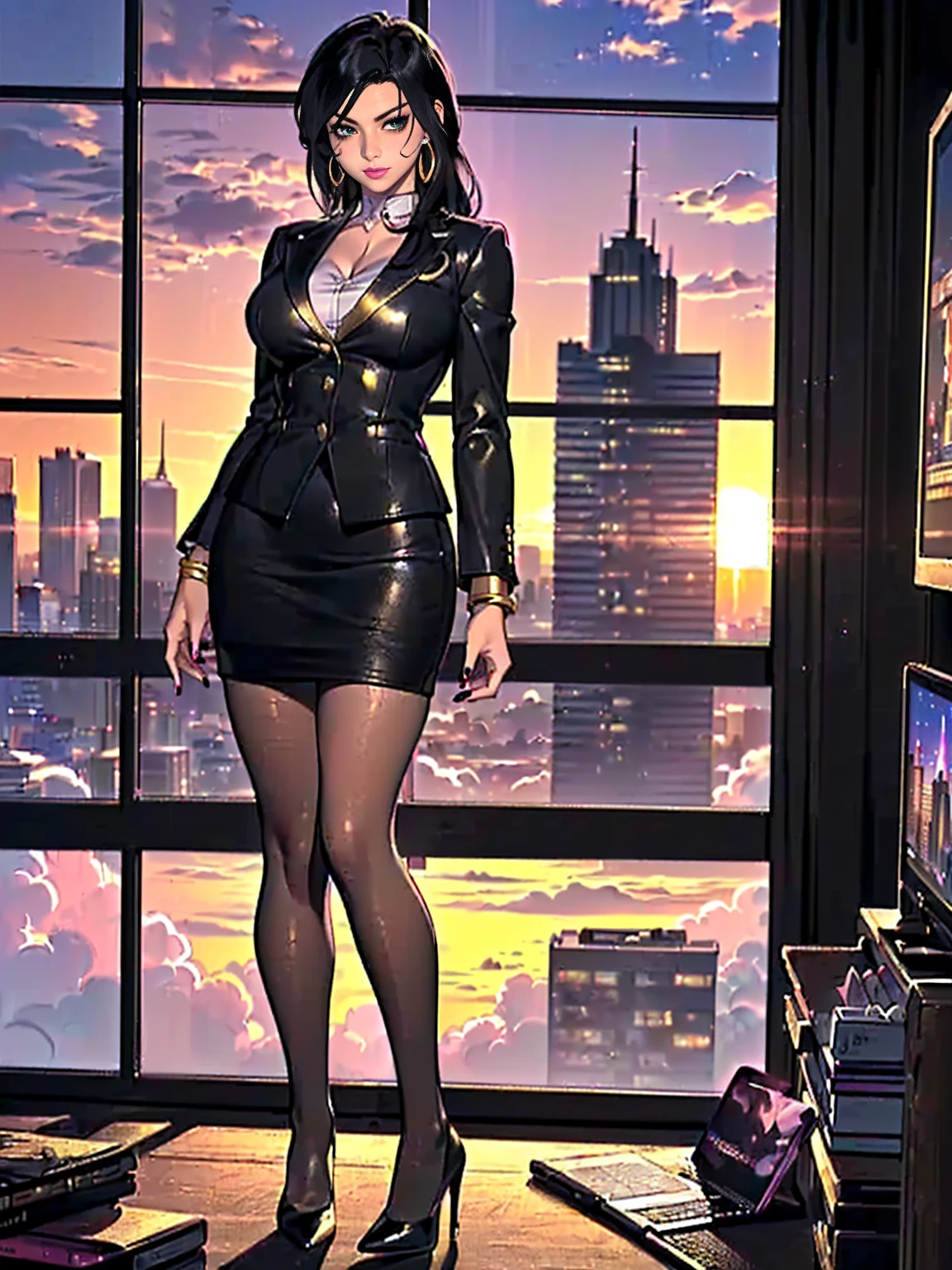 ((1girl, solo ,alone, (masterpiece, standing, best quality, (shoko_sugimoto, black eyes, long hair, black hair, standing), painted nails, gold bracelets, ruby earrings)), ((solo, 1woman, pink lipstick, Extremely detailed, ambient soft lighting, 4k, perfect eyes, a perfect face, perfect lighting, a 1girl)), austere, ((solo, (1woman, pink lipstick), Extremely detailed, ambient soft lighting, 4k, perfect eyes, a perfect face, perfect lighting, a 1girl)), austere, ((Officelady, Black suit, Black tight skirt, White blouse, Black tights, High pumps with black heels, Office, lana, Beautiful woman, gazing at viewer, Looking here, hight resolution, top-quality, full body, (anime style), illustratio, office, penthouse, executive room, large window, landscape of a metropolis, sunset, clouds)), documents, books, table, shelves, pencil holder, computer