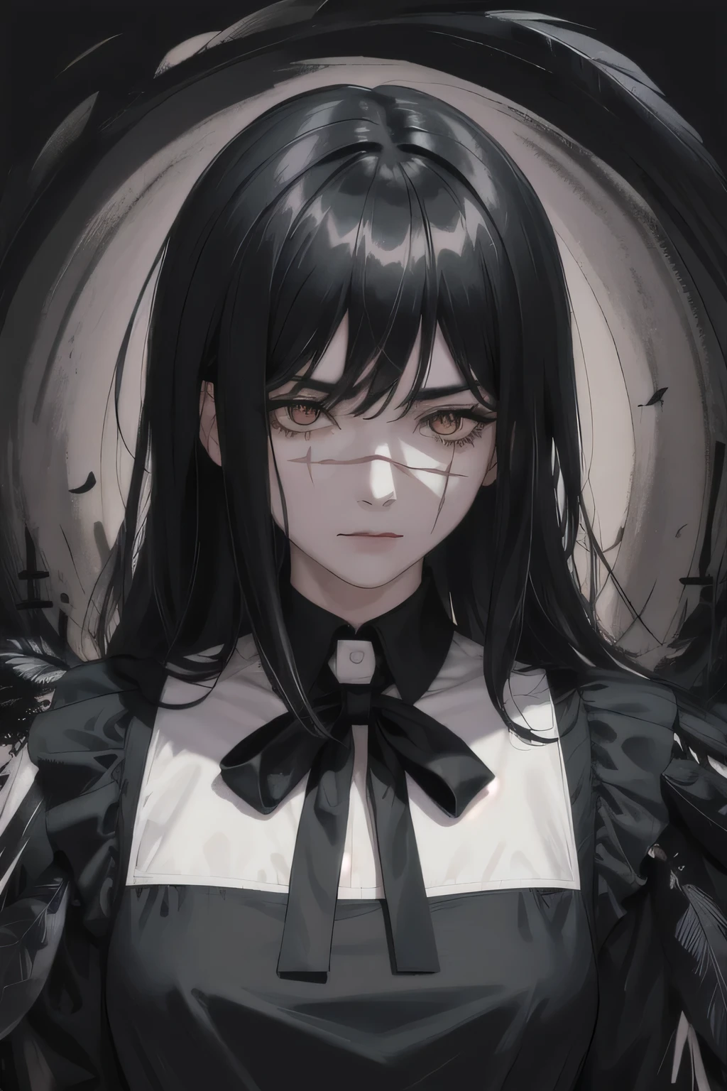 masterpiece, best quality, ultra high res, 1girl, abstract art, visually stunning, dark beautiful, dark emotional, 1girl, aged_up, solo, looking at viewer, yoru, scar on face, ((ringed eyes:1.2)), black hair, long hair, black ribbon, pinafore dress, black pinafore dress, upper-body, arms behind back, emotionless, ((black_feathers_chaos background:1.2)), black quills chaos, serious, black feathers chaos, portrait, dark light, looks at the viewer, arms behind back, upper-body