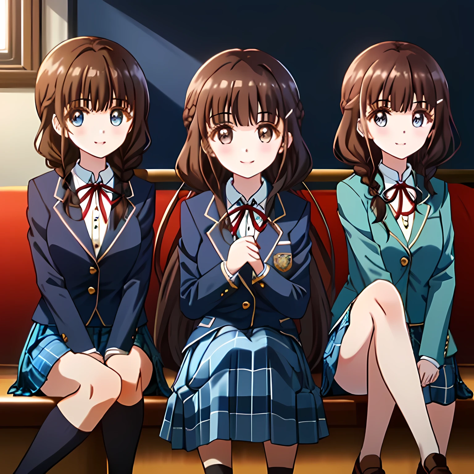 highest quality, (masterpiece:1.2), very detailed, Three girls sitting are looking at the viewer and smiling, Glossy lips that make you want to kiss, nice smile, big brown eyes, (((dark brown hair))), 15 years old, long braids, big shiny hair clip, school uniform, ((Light dark blue blazer with golden emblem on the left chest)), ((Big red school ribbon on the chest)), very shiny hair、laughter、bright look、Both face and hair catch the light and shine, The corners of the eyes are drooping, Cute braids, The expression of a maiden in love, (((Every girl has a twin braid hairstyle))), ((((Dark blue and navy tartan check mid-length skirt)))), A gentle and cute expression staring at the viewer, double eyelid, ((long eyelashes)), pure white background, round face, the skirt is very cute, brown leather shoes