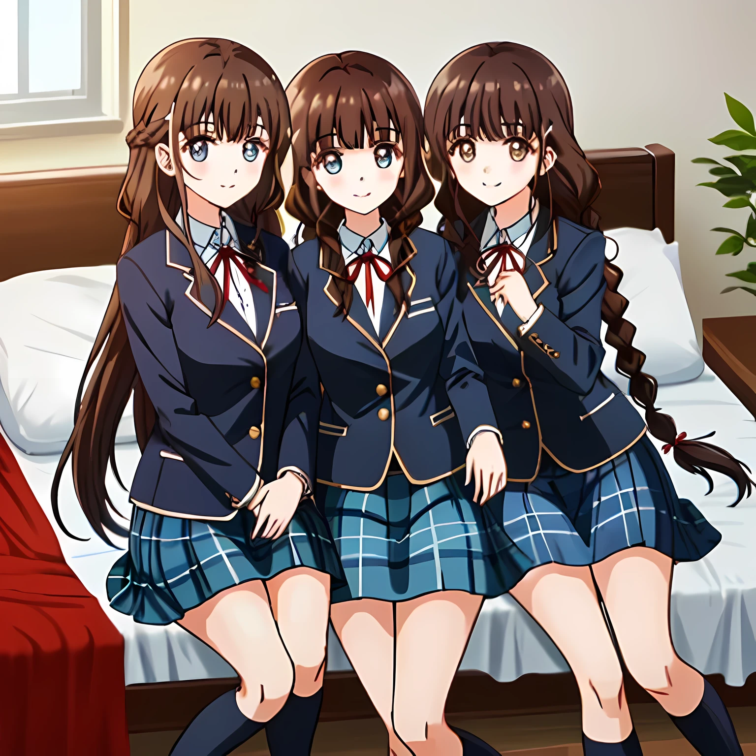 highest quality, (masterpiece:1.2), very detailed, Three girls sitting are looking at the viewer and smiling, Glossy lips that make you want to kiss, nice smile, big brown eyes, (((dark brown hair))), 15 years old, long braids, big shiny hair clip, school uniform, ((Light dark blue blazer with golden emblem on the left chest)), ((Big red school ribbon on the chest)), very shiny hair、laughter、bright look、Both face and hair catch the light and shine, The corners of the eyes are drooping, Cute braids, The expression of a maiden in love, (((All girls have twin braid hairstyle))), ((((Dark blue and navy tartan check calf length skirt)))), A gentle and cute expression staring at the viewer, double eyelid, ((long eyelashes)), School Gymnasium Warehouse, round face, the skirt is very cute, brown leather shoes, sitting on the pink bed