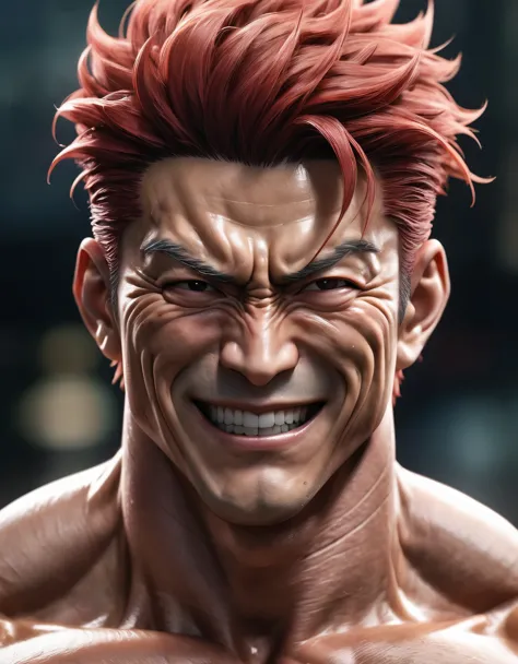 "(best quality, 8K, ultra-detailed, realistic:1.2), portrait, Yujiro Hanma, muscular, serene, smiling, detailed, red hair, tough...