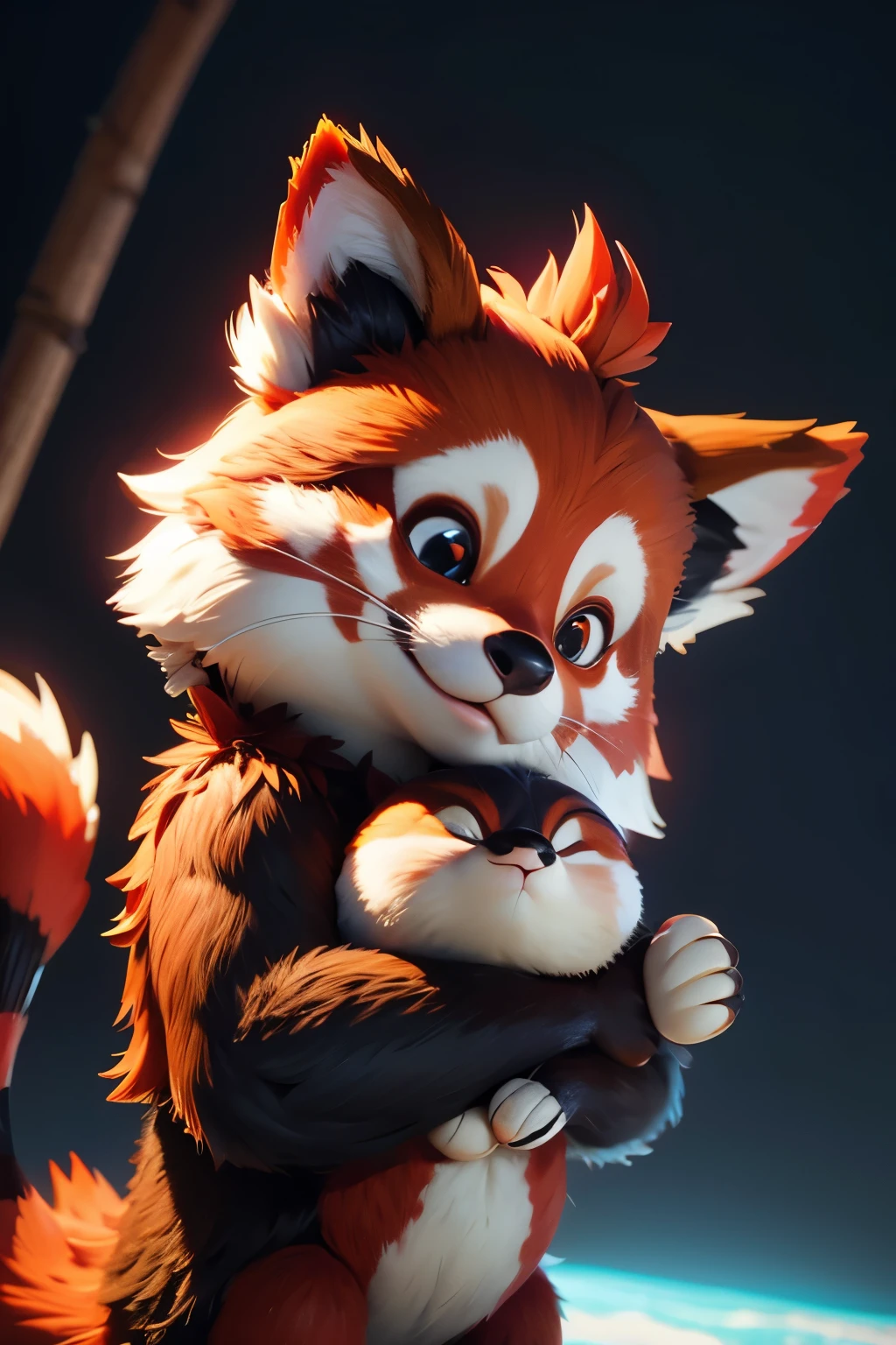 Make a very beautiful picture of Red Panda, it should be 3D, very cute, touching, ultra-realistic in the spirit of Rocket Raccoon