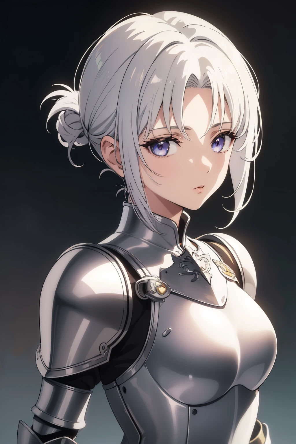 (masterpiece, best quality, anime style, hdr, cinematic:1.2), 1girl, medium breasts, full royal armor, white hair, knight, looking at viewer, upper body, glowing_white_silver_eyes, stoic, stern, (russet hair short, hair tied), circlet