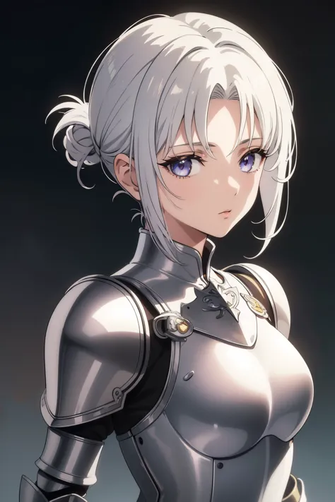 (masterpiece, best quality, anime style, hdr, cinematic:1.2), 1girl, medium breasts, full royal armor, white hair, knight, looki...