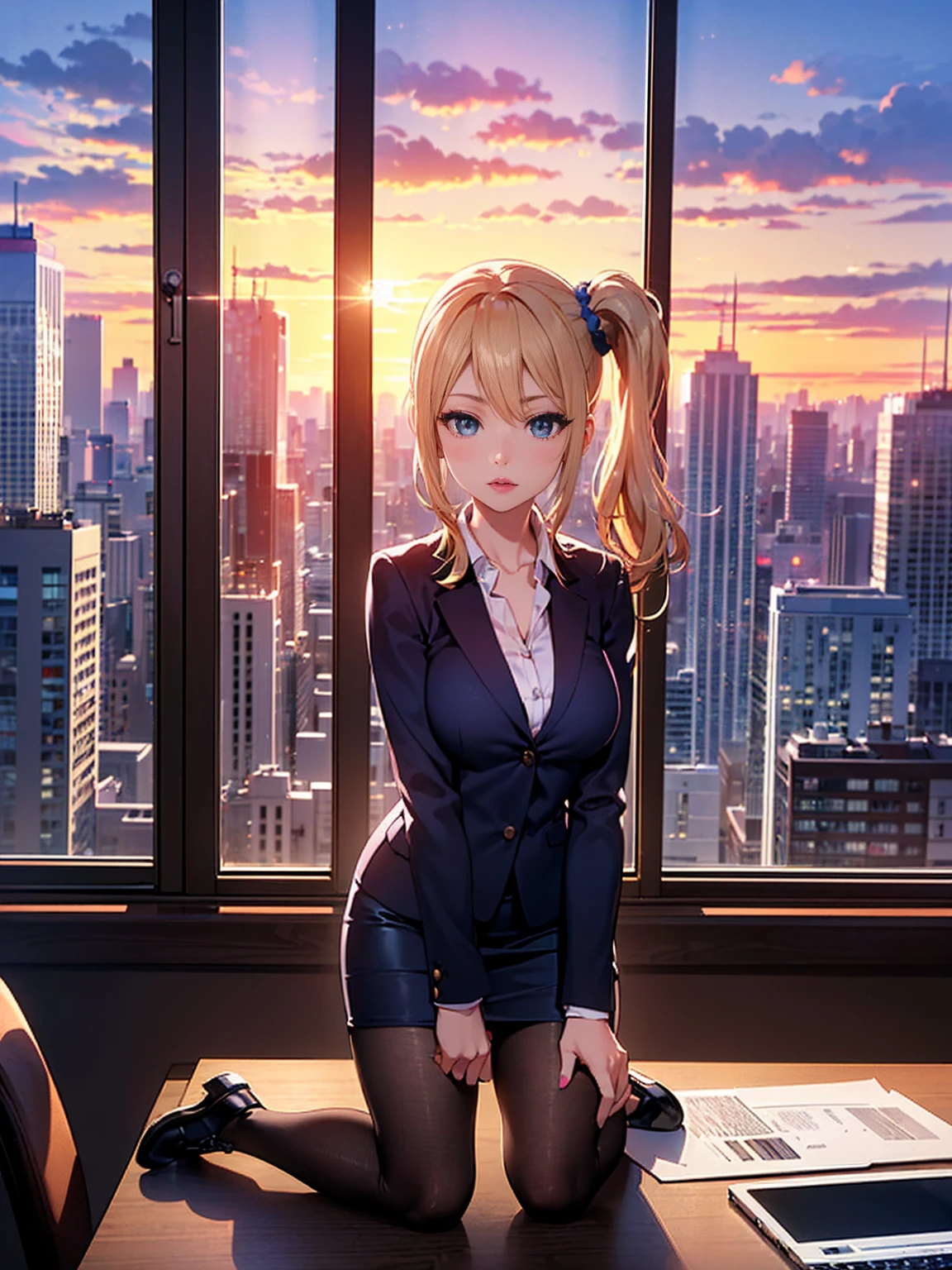 ((1girl, solo, alone, ai hayasaka, bangs, blue eyes, blonde hair, hair ornament, sidelocks, side ponytail, scrunchie, hair scrunchie, blue scrunchie)), ((solo, (1woman, pink lipstick), Extremely detailed, ambient soft lighting, 4k, perfect eyes, a perfect face, perfect lighting, a 1girl)), ((1girl, solo, alone, ai hayasaka, bangs, blue eyes, blonde hair, hair ornament, sidelocks, side ponytail, scrunchie, hair scrunchie, blue scrunchie)), ((solo, (1woman, pink lipstick), Extremely detailed, ambient soft lighting, 4k, perfect eyes, a perfect face, perfect lighting, a 1girl)), austere, ((Officelady, Black suit, Black tight skirt, White blouse, Black tights, Office, lana, Beautiful woman, gazing at viewer, Looking here, hight resolution, top-quality, full body, animations, illustratio, office, penthouse, executive room, large window, landscape of a metropolis, sunset, clouds)), documents, books, table, shelves, pencil holder, computer