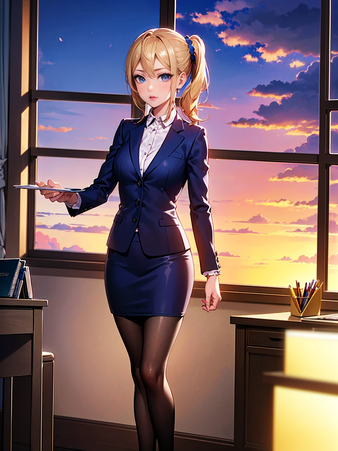 ((1girl, solo, alone, ai hayasaka, bangs, blue eyes, blonde hair, hair ornament, sidelocks, side ponytail, scrunchie, hair scrunchie, blue scrunchie)), ((solo, (1woman, pink lipstick), Extremely detailed, ambient soft lighting, 4k, perfect eyes, a perfect face, perfect lighting, a 1girl)), ((1girl, solo, alone, ai hayasaka, bangs, blue eyes, blonde hair, hair ornament, sidelocks, side ponytail, scrunchie, hair scrunchie, blue scrunchie)), ((solo, (1woman, pink lipstick), Extremely detailed, ambient soft lighting, 4k, perfect eyes, a perfect face, perfect lighting, a 1girl)), austere, ((Officelady, Black suit, Black tight skirt, White blouse, Black tights, Office, lana, Beautiful woman, gazing at viewer, Looking here, hight resolution, top-quality, full body, animations, illustratio, office, penthouse, executive room, large window, landscape of a metropolis, sunset, clouds)), documents, books, table, shelves, pencil holder, computer