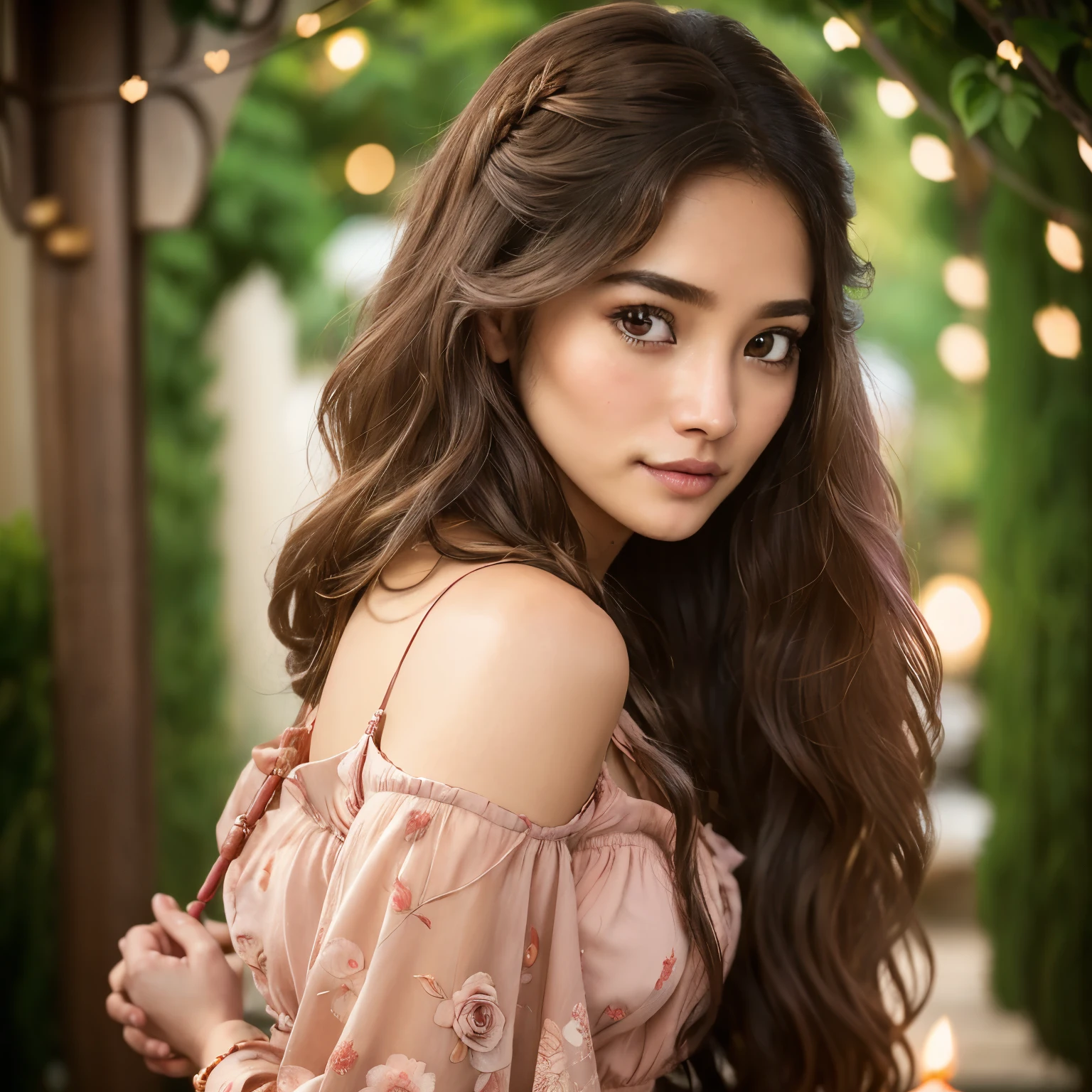 27-year-old European girl, raw, Beautiful woman, (Long curly chestnut brown hair), ((Portrait)), ((Detailed face:1.2)), ((love-stricken eyes:1.2, sparkling, full of emotion)), (delicately detailed skin), tanned, dressed in a red off-shoulder maxi dress, (romantic, candlelit background), in a garden, surrounded by roses, (blushing cheeks:1.2), hands gesturing as if holding a love letter, (masutepiece, soft focus, best quality), photographed in a Canon EOS R5, 85mm lens, F/1.8, n