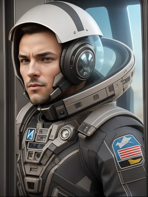 fking_scifi, award-winning photo of a man, black flight suit with yellow accents, brown hair, (gray eyes:1.35), square jawline, ...