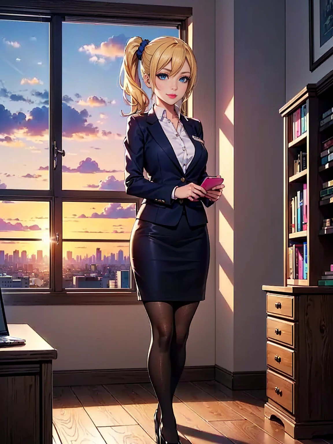 ((1girl, solo, alone, ai hayasaka, bangs, blue eyes, blonde hair, hair ornament, sidelocks, side ponytail, scrunchie, hair scrunchie, blue scrunchie)), ((solo, (1woman, pink lipstick), Extremely detailed, ambient soft lighting, 4k, perfect eyes, a perfect face, perfect lighting, a 1girl)), ((1girl, solo, alone, ai hayasaka, bangs, blue eyes, blonde hair, hair ornament, sidelocks, side ponytail, scrunchie, hair scrunchie, blue scrunchie)), ((solo, (1woman, pink lipstick), Extremely detailed, ambient soft lighting, 4k, perfect eyes, a perfect face, perfect lighting, a 1girl)), austere, ((shy smile, Officelady, Black suit, Black tight skirt, White blouse, Black tights, Office, lana, Beautiful woman, gazing at viewer, Looking here, hight resolution, top-quality, full body, animations, illustratio, office, penthouse, executive room, large window, landscape of a metropolis, sunset, clouds)), documents, books, table, shelves, pencil holder, computer