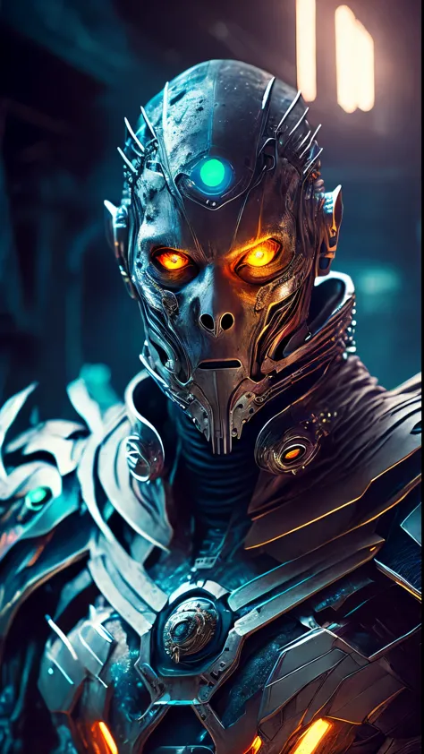 breathtaking cinematic science fiction photo of a portrait of a non human grim wrapped in chrome metal skin, body full glowing m...