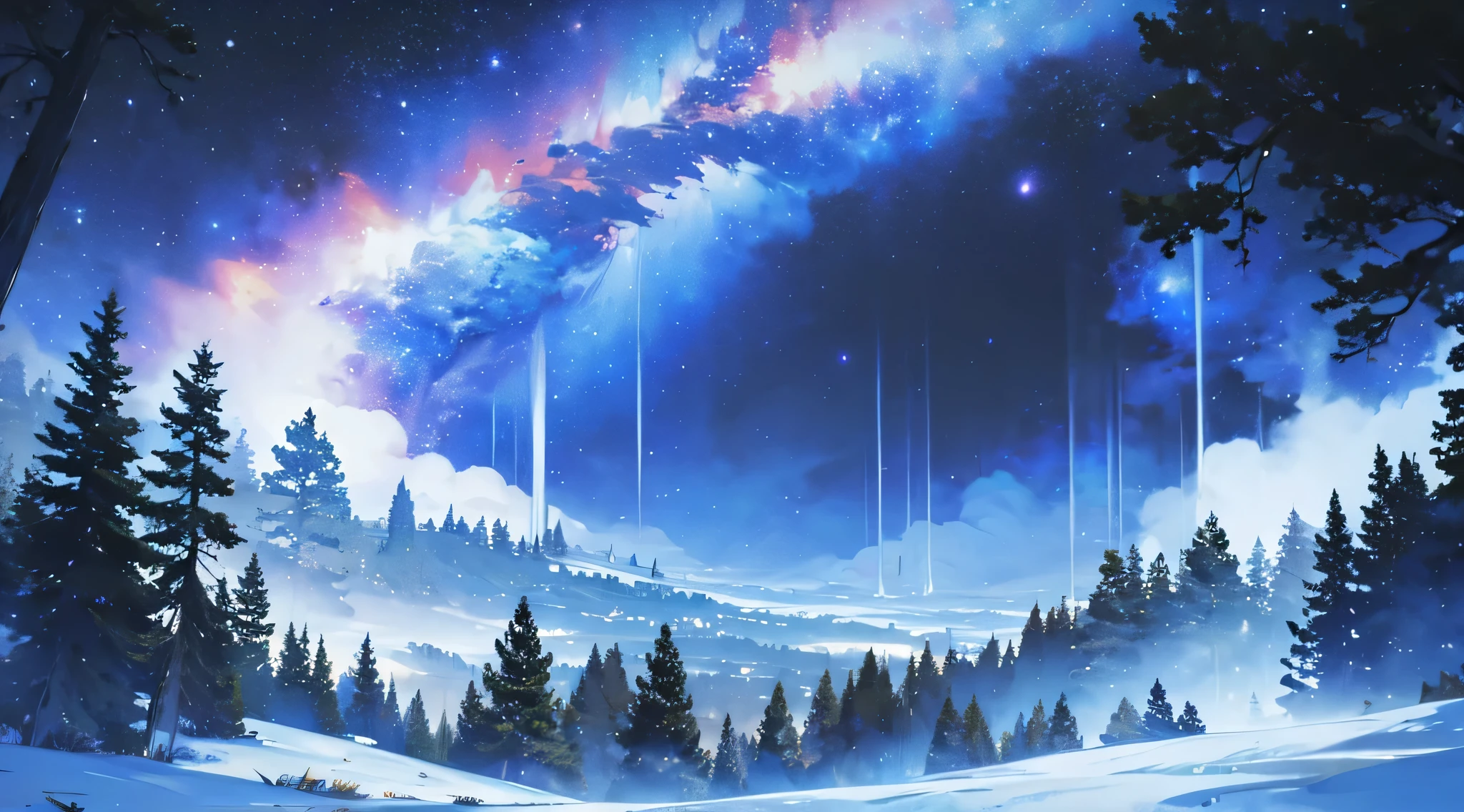 night forest, cozy illustration, Milky Way, winter, breath taking beautiful, silence and night, landscape, scale frame, view from afar, complex composition