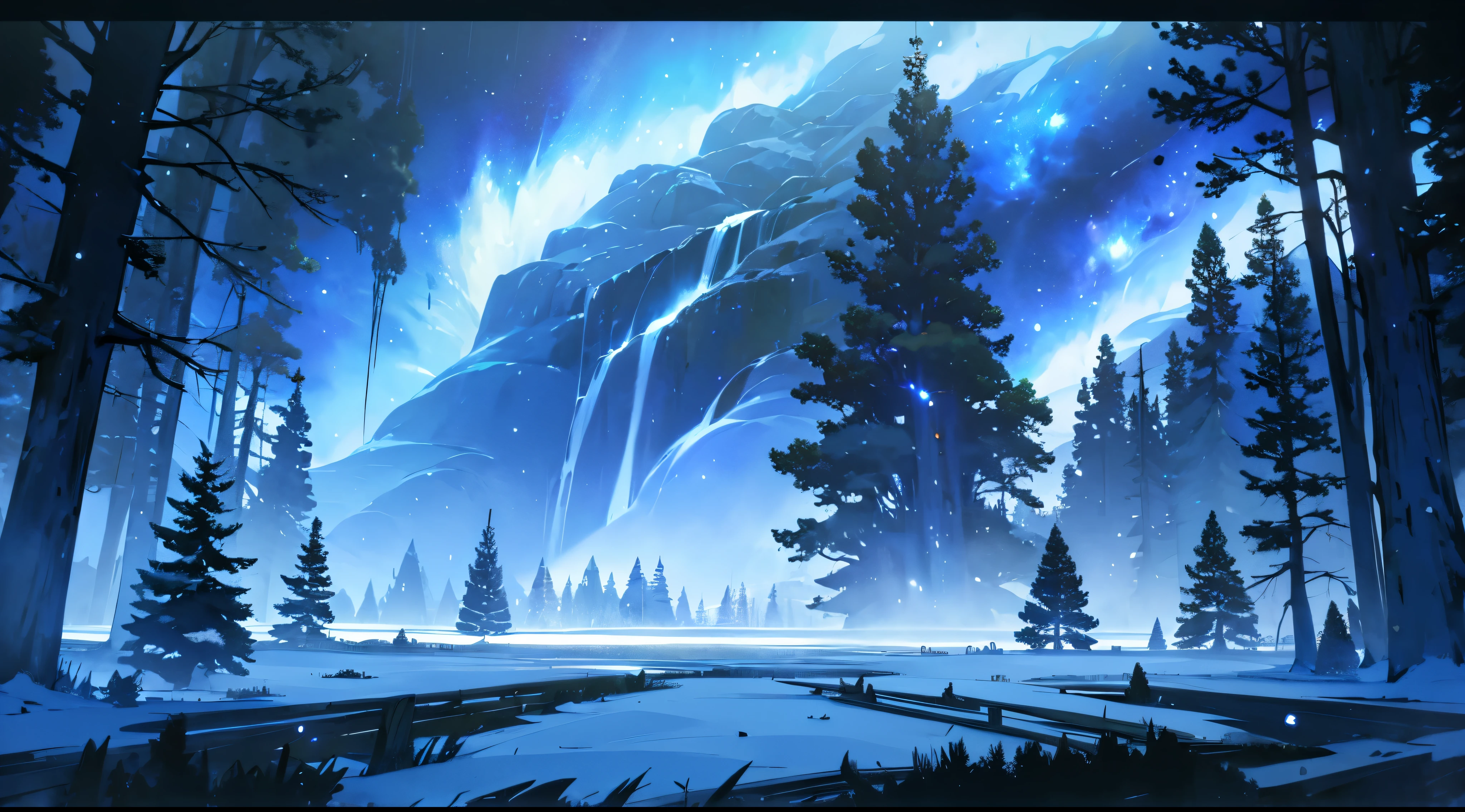 night forest, cozy illustration, Milky Way, winter, breath taking beautiful, silence and night, landscape, scale frame, view from afar, complex composition