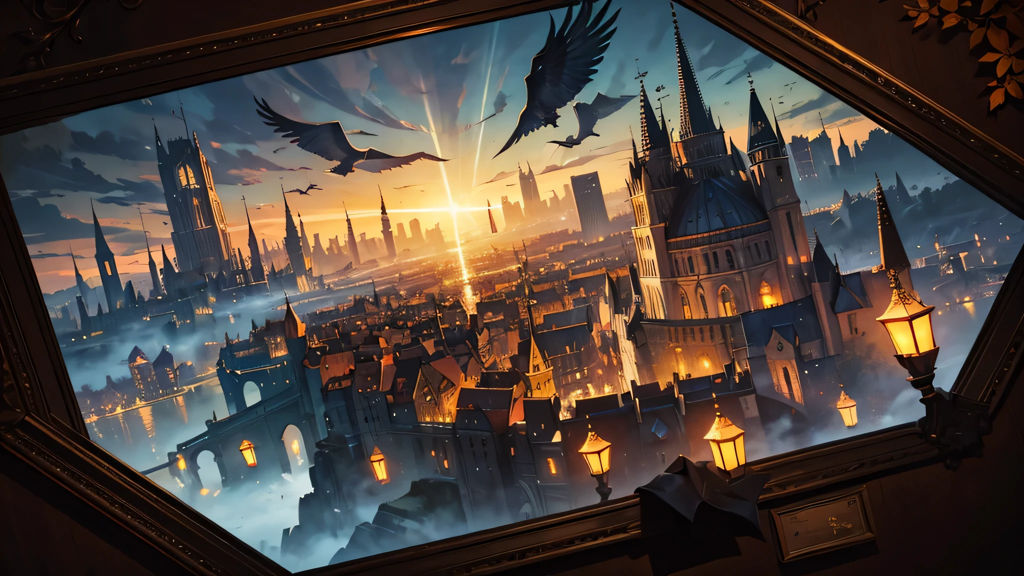 autumn comic style, Autumn City, clear vector lines, Bird&#39;s-eye, Fantasy atmosphere, dark fantasy, many small details, Ultra Drawing, deep light, composition, shine, shine, clearance, night, Spreading landscape, alcohol ink and comics, Best quality, Frame depth, High detail