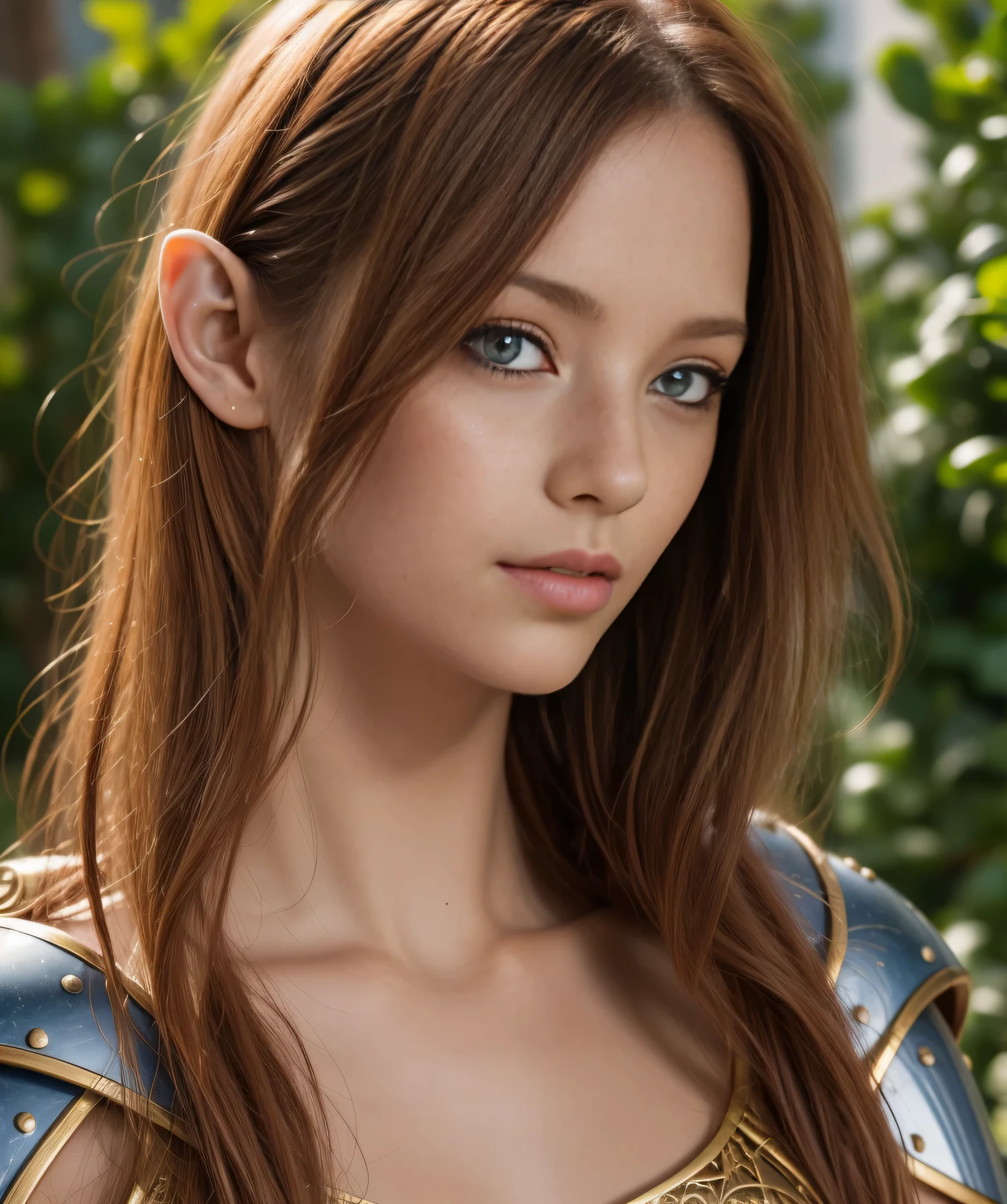 Masterpiece, a beautiful female elf knight (Piper Fawn) bright eyes, Brown hair, broad shoulders, strong body, high detail pale skin with light freckles, high detail filigree elf armor, outside, (skin texture:1.1), best quality, ultra high res, Raw photo, Nikon D850, backlight, rimlight, bright sunlight, film grain:1.2, (warm hue, warm tone:1.2), (color photo), fantasy landscape background, 