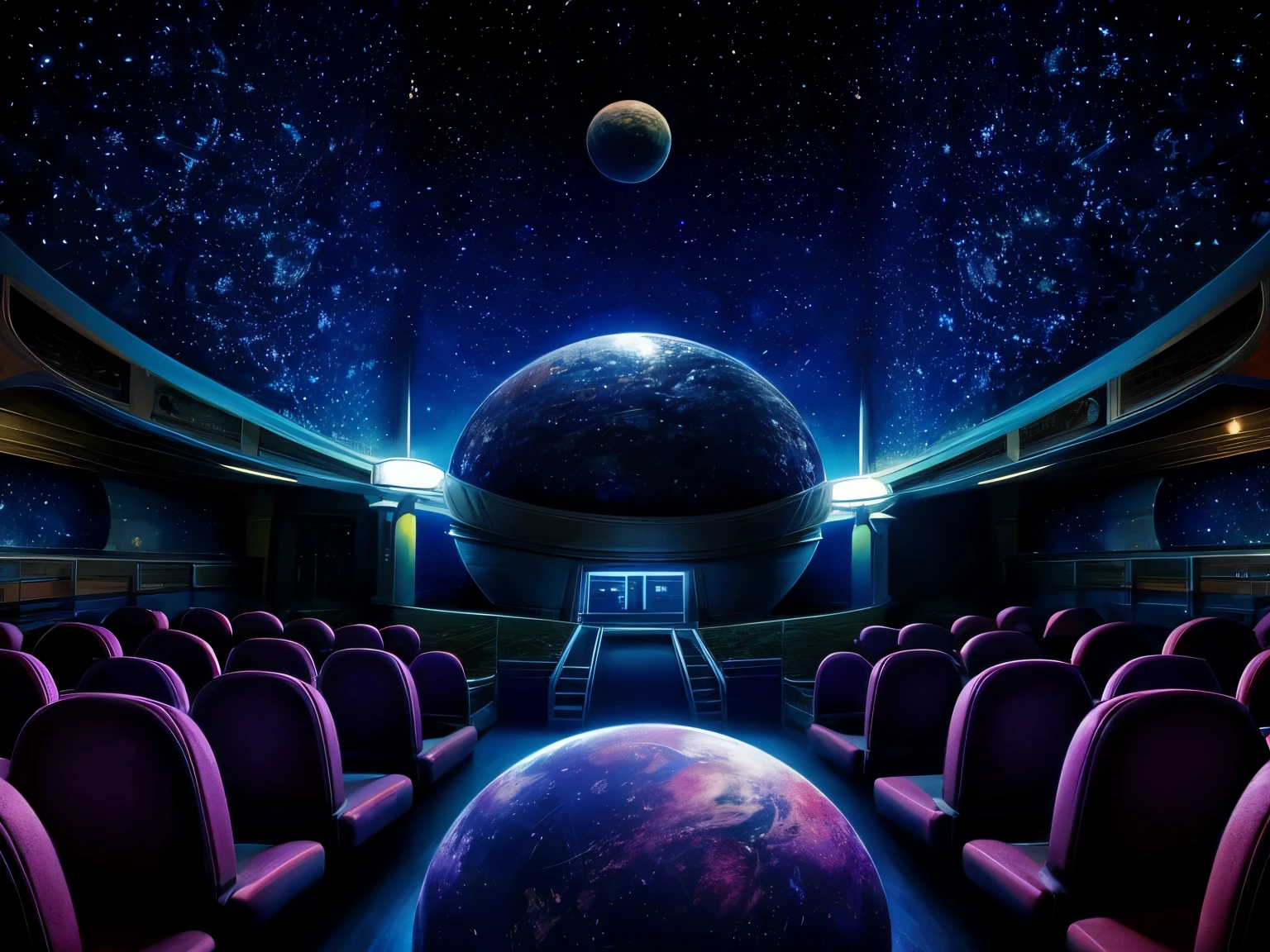 Meisterwerk,beste Qualität,Extrem detailliert, Nur Hintergrund, kleines Planetarium, altes Planetarium, Retro-Planetariumsitze,
