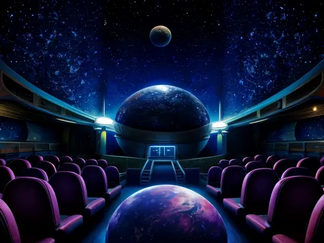 masterpiece,best quality,ultra detailed, background only, small planetarium, old planetarium, retro planetarium seats,
