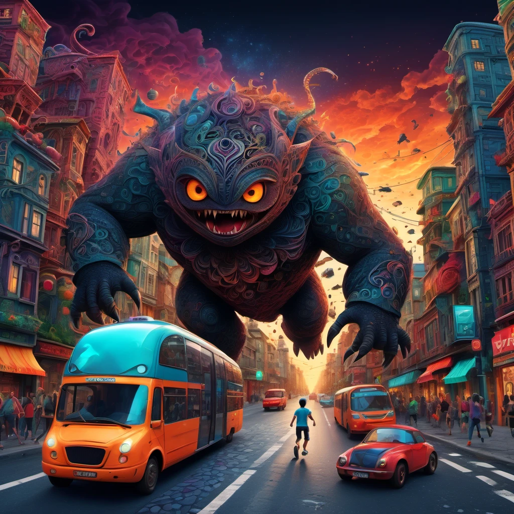 (best quality, highres, ultra sharp), magical ,giant creature of the dark, extreme bigger than buildings, breaking buildings and cars, in the street next a city, zentangle, full colored, 3d crunch, realistic feeling, terrorific scene, people running, panic, cars, buses, dark tones,