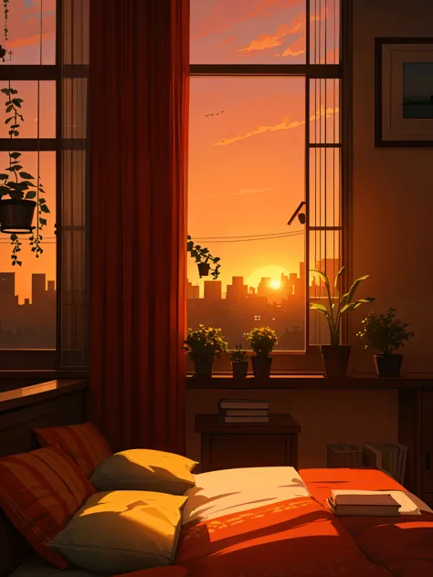 a inside view of a bedroom with books around, view of city during sunset outside, plant pots near window, hues of orange and red...