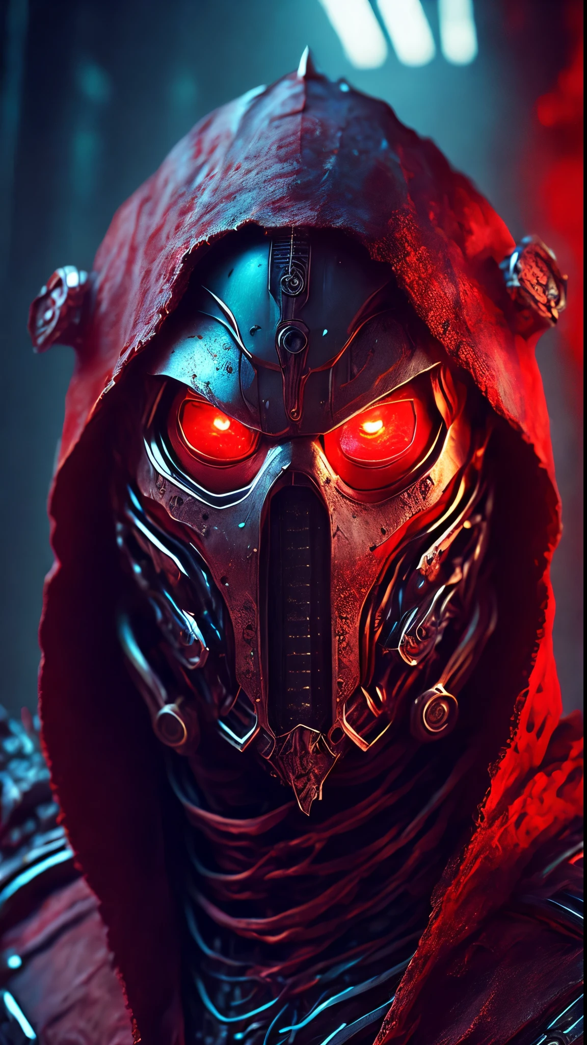 breathtaking cinematic science fiction photo of a portrait of a non human masked Grim wrapped in red chrome metal skin, body full glowing metrics inside, glowing multicoloured eyes, multifaceted eyes, metallic arms, inside a destroyed building, extremely menacing creature, highly detailed, award-winning