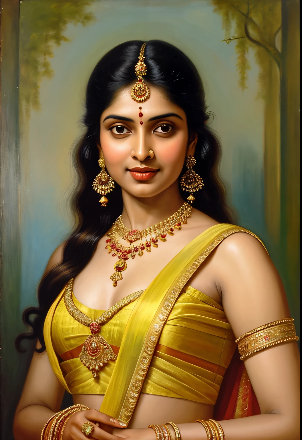 painting of a woman in a sari with a necklace and earrings, inspired by Raja Ravi Varma, szukalski ravi varma, portrait of a beautiful goddess, by Raja Ravi Varma, indian goddess, traditional beauty, a stunning portrait of a goddess, inspired by T. K. Padmini, indian art, indian goddess of wealth, portrait of a goddess