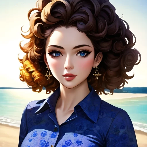 surreal, 4k, Professional photos, 22 year old girl, black girl, big curly hair, high dynamic range, Detailed face, medium build, floral skirt, (Open blue shirt), masterpiece, (Light), (Only 1), beach background, realistic background, Realistic photos