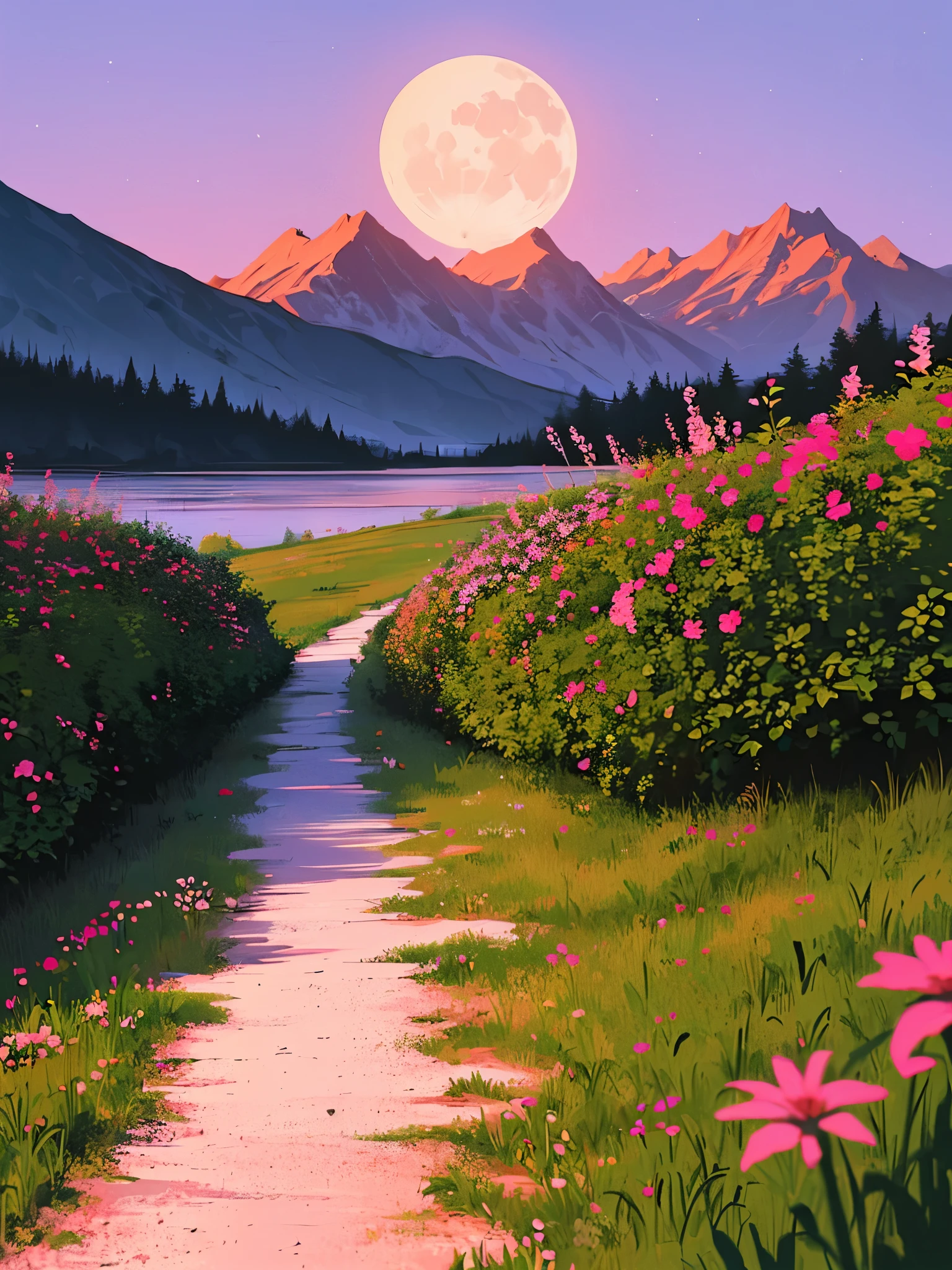 a narrow broken road leading to a.lake surrounded by mountains, silhouette of mountains at a distance, foggy environment, small houses hidden in between dense bushes, dim light, vibrant purple pink and red hues in sky, dim light on road, flowers and grass growing on sides, lofi environment, moon
